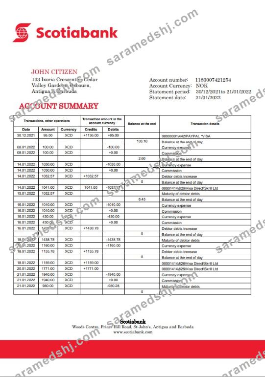 Antigua and Barbuda Scotiabank bank statement